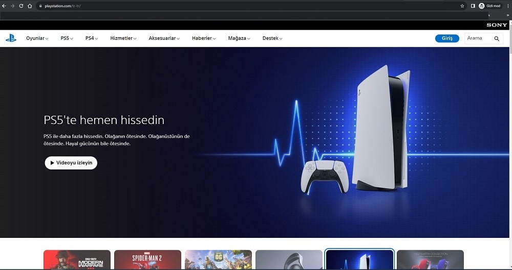 Browser da açılmış playstation sitesinin ana ekranı