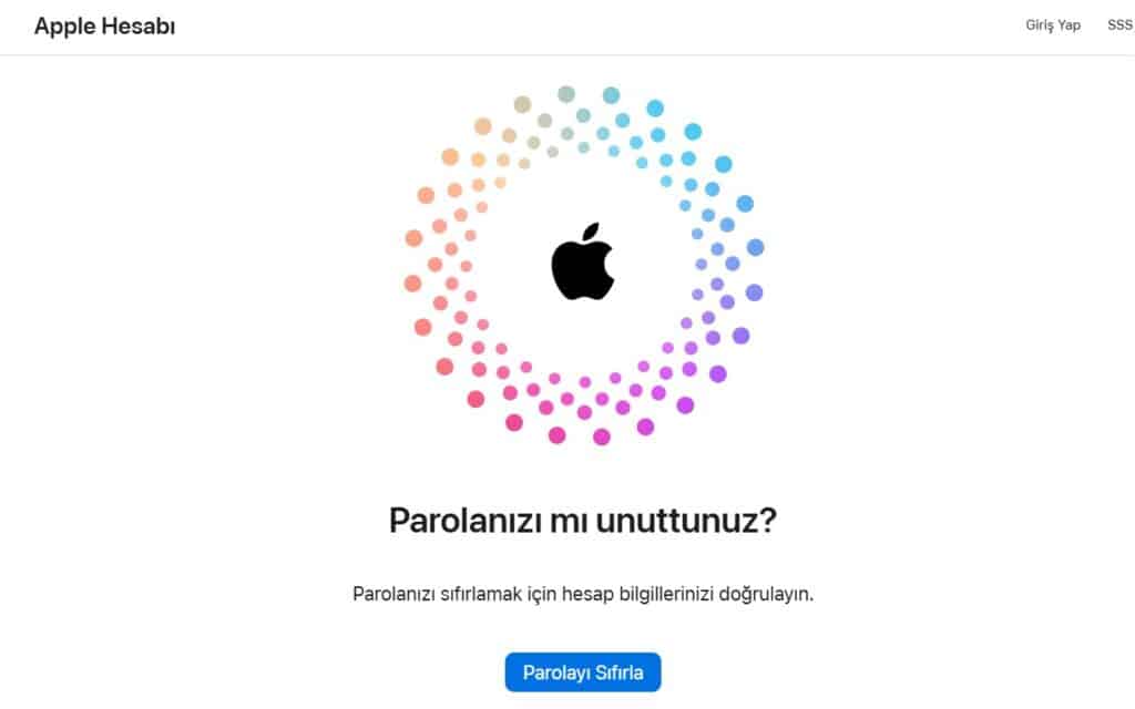 beyaz arka plan üzerinde apple logosu ve altta parolayı sıfırla butonu