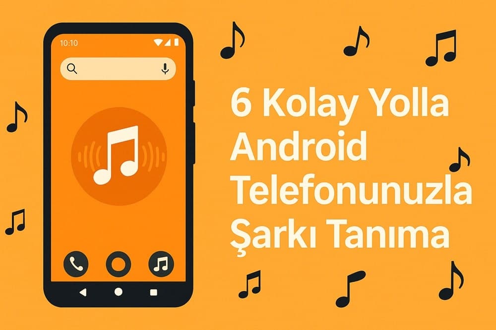 Android telefon ekranında müzik tanıma arayüzü ve etrafında nota simgeleriyle birlikte '6 Kolay Yolla Android Telefonunuzla Şarkı Tanıma' başlığı bulunan turuncu arka planlı dijital illüstrasyon.