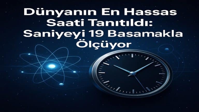Atom yapısı görseli ve analog saat simgesiyle birlikte yıldızlı mavi arka planda, 'Dünyanın En Hassas Saati Tanıtıldı: Saniyeyi 19 Basamakla Ölçüyor' başlığı yer alan dijital bilimsel kapak görseli
