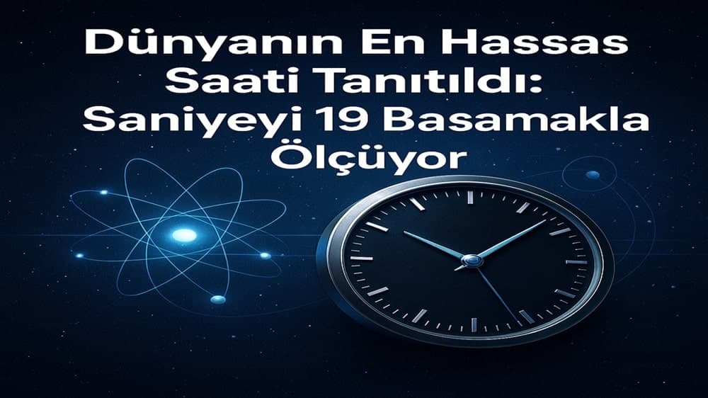 Atom yapısı görseli ve analog saat simgesiyle birlikte yıldızlı mavi arka planda, 'Dünyanın En Hassas Saati Tanıtıldı: Saniyeyi 19 Basamakla Ölçüyor' başlığı yer alan dijital bilimsel kapak görseli