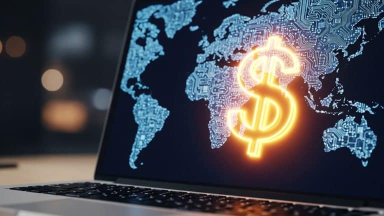 Değerli alan adlarını (domain) simgeleyen, devre kartı desenli dünya haritası üzerinde parlayan dolar sembolünün olduğu laptop ekranı.
