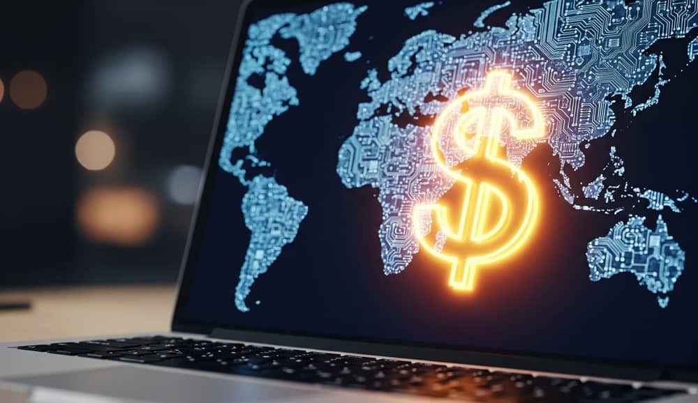 Değerli alan adlarını (domain) simgeleyen, devre kartı desenli dünya haritası üzerinde parlayan dolar sembolünün olduğu laptop ekranı.