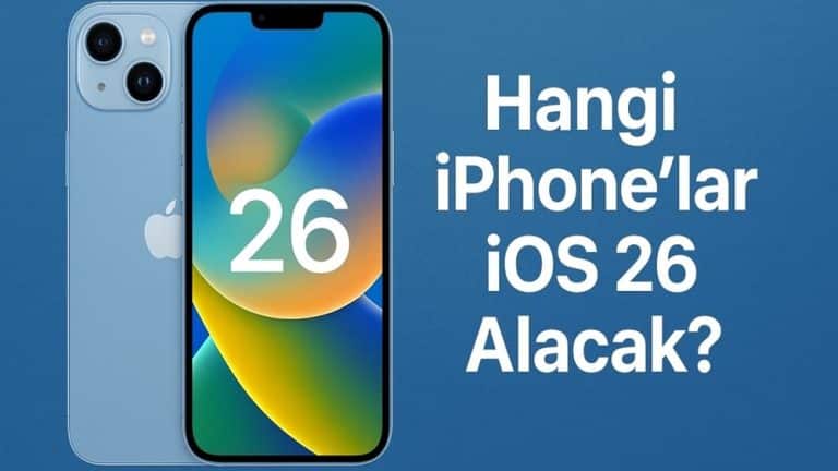 iOS 26 güncellemesini alacak iPhone modellerini duyuran mavi arka planlı dijital kapak görseli, ekranında iOS 26 yazısı bulunan bir iPhone ve yanında 'Hangi iPhone’lar iOS 26 Alacak?' sorusu yer alıyor