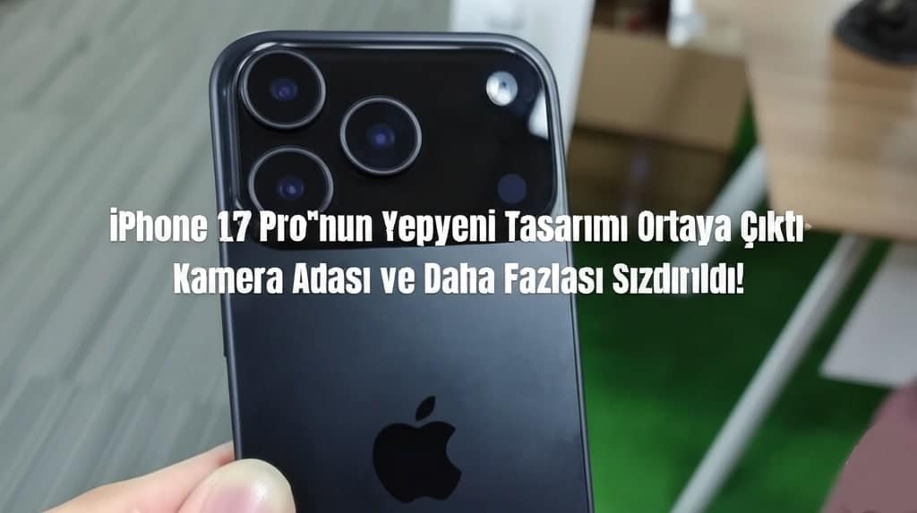 Sızdırıldığı iddia edilen yeni iPhone 17 Pro modelinin arka kamera tasarımını gösteren yakın çekim fotoğraf. Üzerinde 'iPhone 17 Pro'nun Yepyeni Tasarımı Ortaya Çıktı' başlığı yer alıyor.
