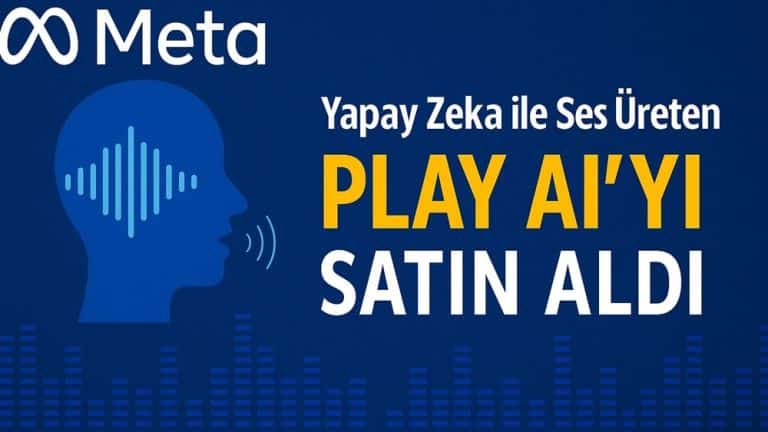 Meta’nın yapay zekâ ile ses üreten Play AI girişimini satın aldığını duyuran dijital görsel; mavi arka planda Meta logosu, ses dalgalarıyla şekillendirilmiş insan silueti ve büyük puntolu başlık yer alıyor