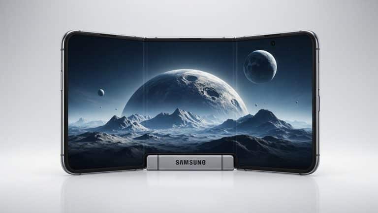 Samsung'un yeni üç ekranlı katlanabilir telefonu. Cihazın açık ekranlarında fütüristik bir uzay manzarası yer alıyor ve Samsung logosu menteşede görünüyor.