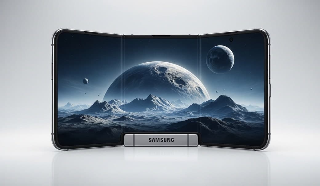 Samsung'un yeni üç ekranlı katlanabilir telefonu. Cihazın açık ekranlarında fütüristik bir uzay manzarası yer alıyor ve Samsung logosu menteşede görünüyor.