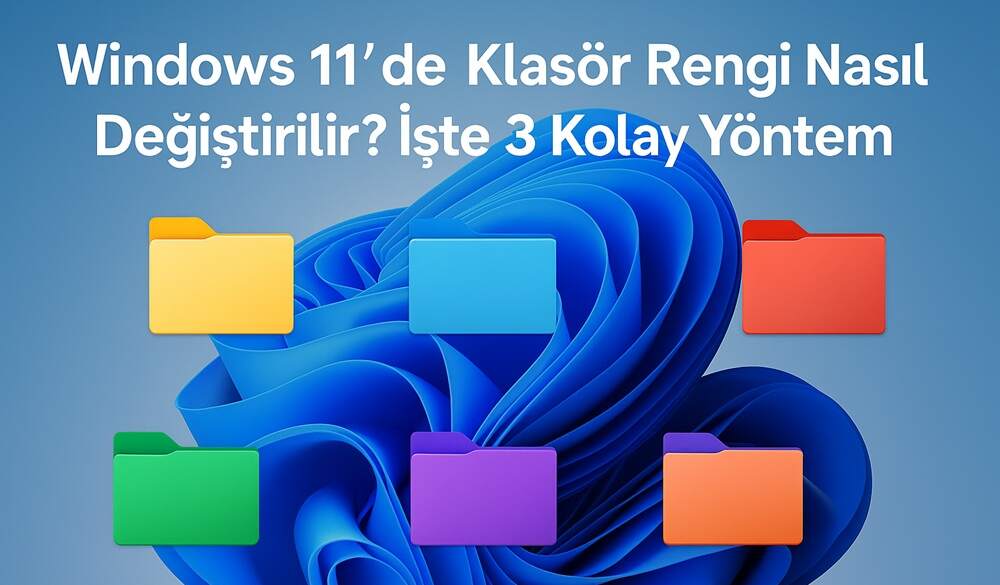 Windows 11 masaüstünde sarı, mavi, kırmızı, yeşil, mor ve turuncu renklerde klasör simgeleriyle klasör rengi değiştirme yöntemlerini anlatan görsel