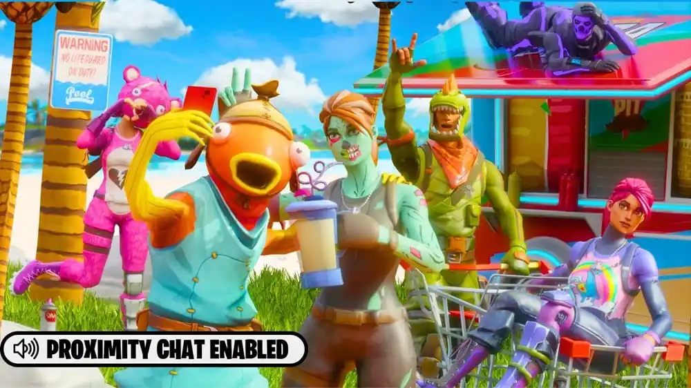 Fortnite’ta yakınlık sohbeti özelliğinin etkin olduğunu gösteren renkli karakterlerin eğlenceli pozlar verdiği oyun içi sahne.