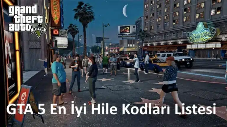 GTA 5 En İyi Hile Kodları Listesi – Los Santos’ta gece manzarası, sokakta insanlar ve arka planda ikonik binalar