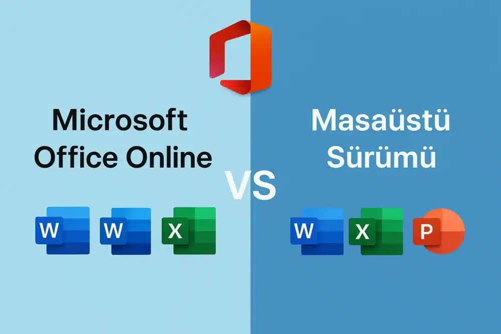 Microsoft Office Online ve masaüstü sürümü karşılaştırma görseli – Word, Excel ve PowerPoint ikonlarıyla online ve offline sürüm farklarını vurgulayan ikiye bölünmüş tasarım.