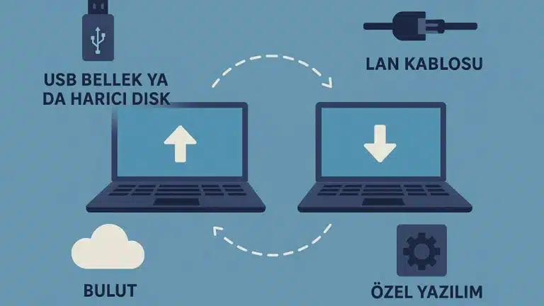 İki bilgisayar arasında USB bellek, LAN kablosu, bulut ve özel yazılım yöntemleriyle veri aktarımını anlatan illüstrasyon.