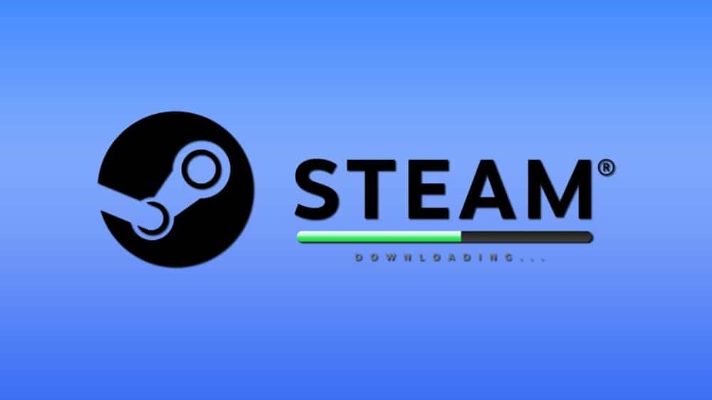 Steam indirme ekranı, siyah Steam logosu ve mavi arka plan üzerinde yeşil ilerleme çubuğu ile oyun indirme işlemi görseli.