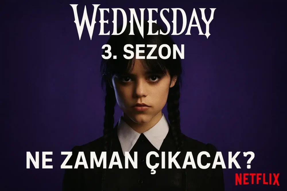 Wednesday 3. sezon tanıtım görseli, Jenna Ortega'nın canlandırdığı Wednesday karakteri, mor arka plan ve Netflix logosu ile.