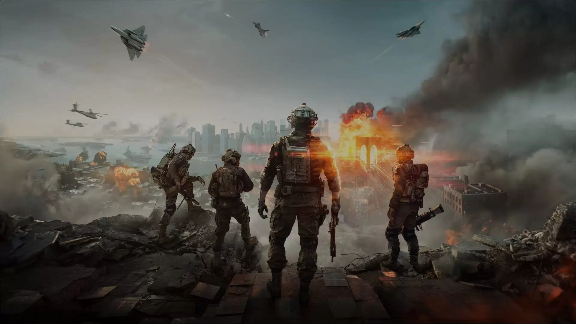 Savaş ortamında 4 askerin arkadan görüntüsü olan battlefield 6 oyunundan bir görüntü.