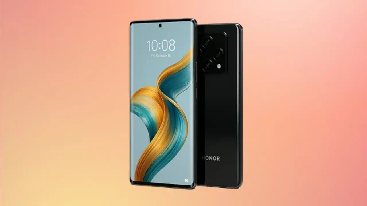 Honor Magic akıllı telefonun degrade arka plan önünde gerçekçi tanıtım görseli — ön ve arka yüz birlikte gösteriliyor.