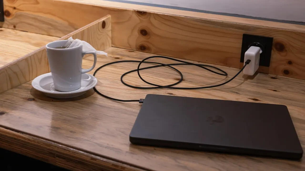 Ahşap masada şarjda duran kapalı bir laptop ve yanında bir fincan çay