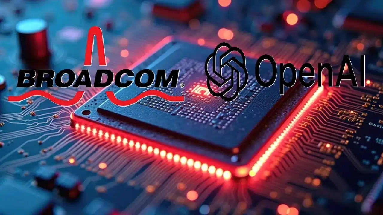 OpenAI Broadcom çip anlaşması: OpenAI’nin Broadcom ile kendi AI hızlandırıcılarını tasarlama planını simgeleyen, çip ve devre kartı üzerinde OpenAI ve Broadcom logoları bulunan görsel.