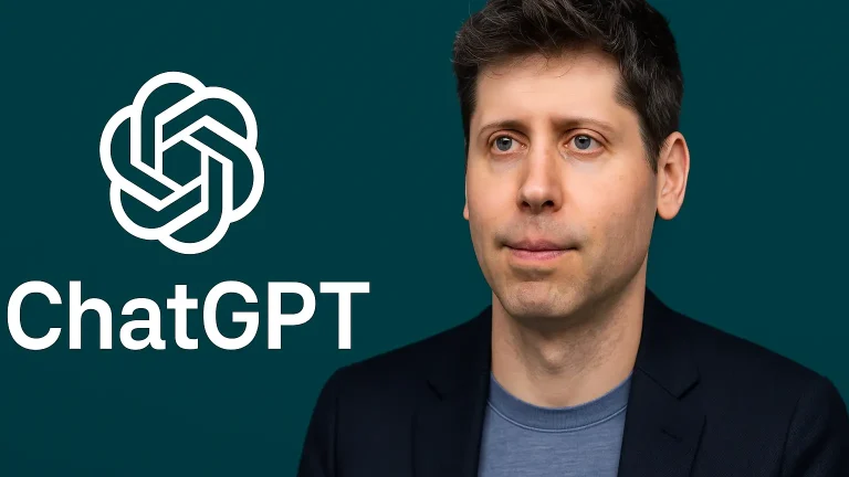 Sam Altman’ın portresi ve yanında ChatGPT logosu, koyu yeşil teknoloji temalı bir arka plan