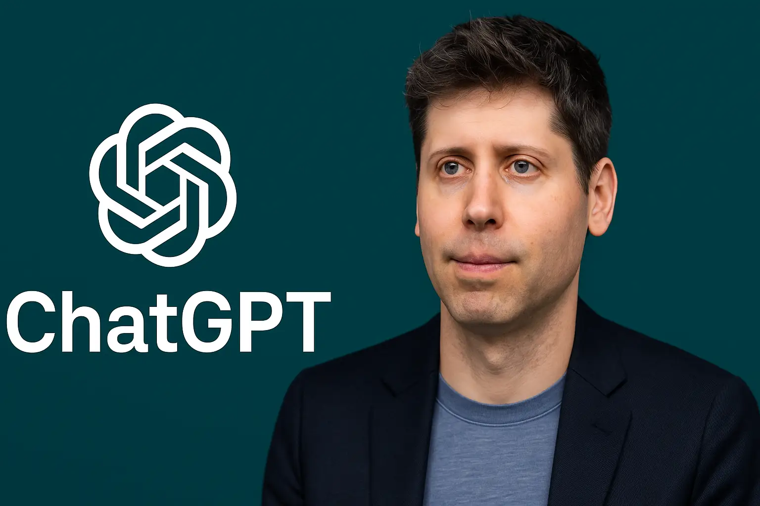 Sam Altman’ın portresi ve yanında ChatGPT logosu, koyu yeşil teknoloji temalı bir arka plan