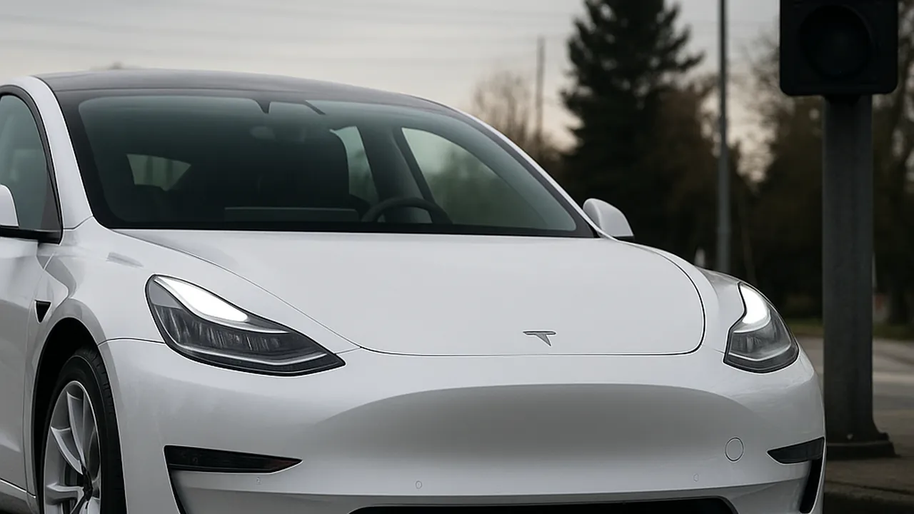 Trafik ışığında duran beyaz Tesla Model 3