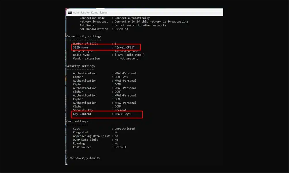 Windows Komut İstemi'nde "netsh wlan show profile name=... key=clear" çıktısı; SSID ve Key Content alanı vurgulanmış