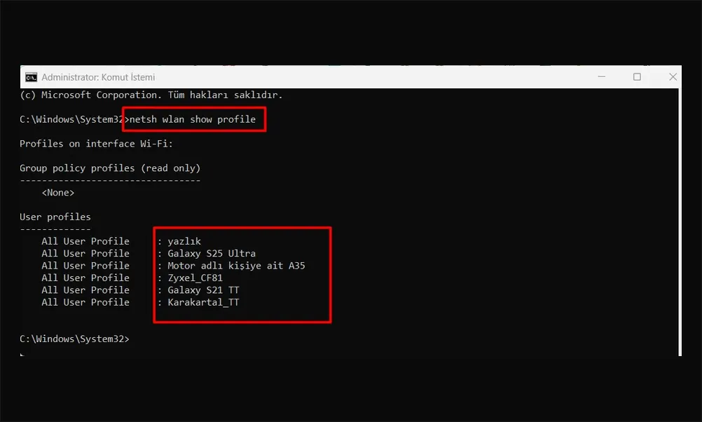 Windows Komut İstemi'nde "netsh wlan show profile" çıktısı; bilgisayarda kayıtlı Wi-Fi profilleri listesi
