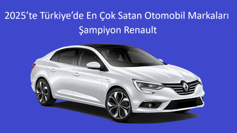 2025’te Türkiye’de en çok satan otomobil markaları arasında birinci olan Renault modeli, mavi arka plan üzerinde öne çıkarılmış beyaz sedan araç görseli.
