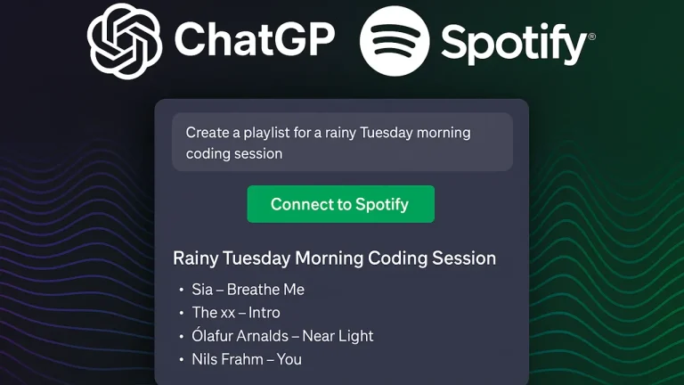 ChatGPT ve Spotify entegrasyonu ile yapay zekâ destekli kişisel çalma listesi oluşturma arayüzü – neon yeşil müzik dalgaları fonunda minimalist tasarım.