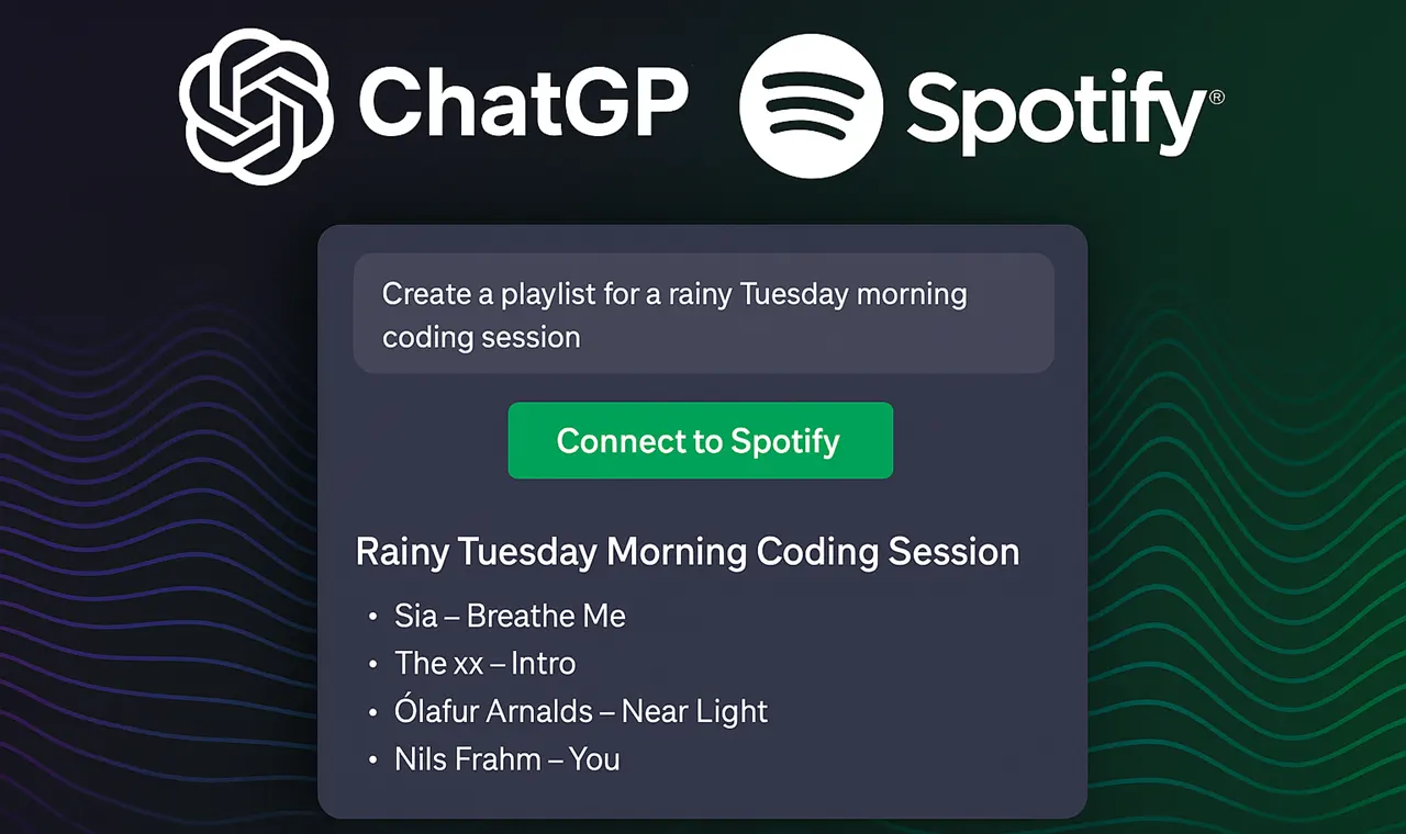 ChatGPT ve Spotify entegrasyonu ile yapay zekâ destekli kişisel çalma listesi oluşturma arayüzü – neon yeşil müzik dalgaları fonunda minimalist tasarım.