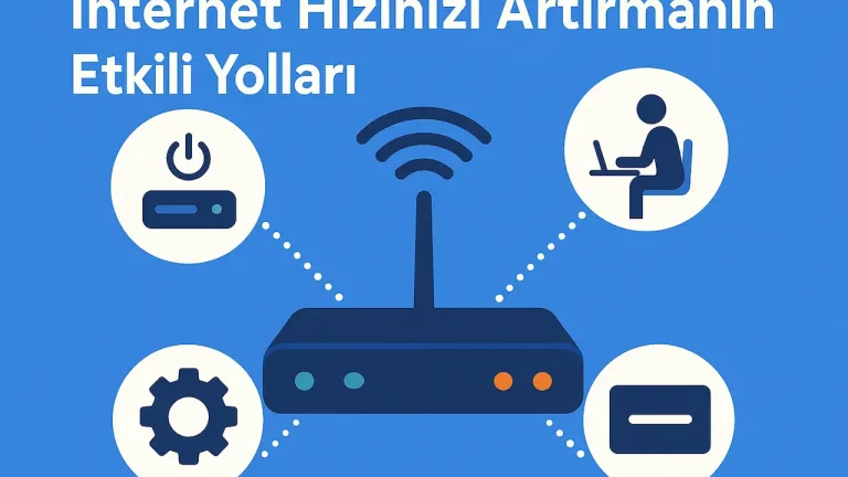 Wi-Fi sinyalini güçlendirme ve internet hızını artırma yöntemlerini gösteren mavi tonlarda modern illüstrasyon; ortada modem ve çevresinde bağlantı, güç, ayar ve kullanıcı simgeleri yer alıyor.