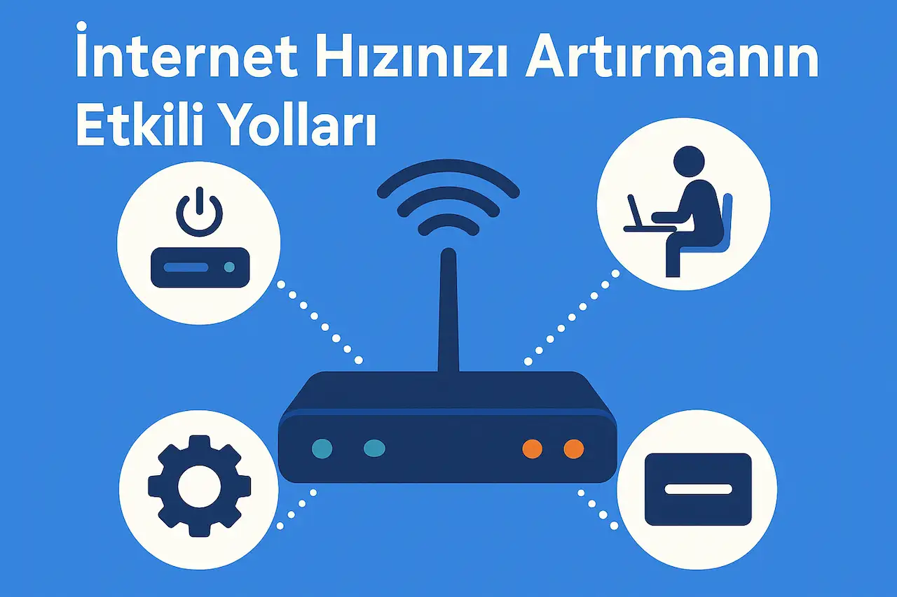 Wi-Fi sinyalini güçlendirme ve internet hızını artırma yöntemlerini gösteren mavi tonlarda modern illüstrasyon; ortada modem ve çevresinde bağlantı, güç, ayar ve kullanıcı simgeleri yer alıyor.