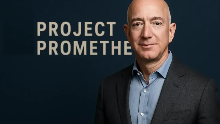 Jeff Bezos, Project Prometheus yazısının önünde CEO olarak poz veriyor – yeni yapay zeka girişiminin tanıtımı için.