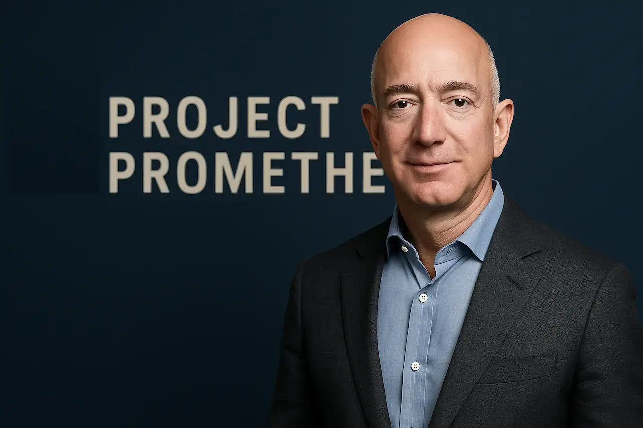 Jeff Bezos, Project Prometheus yazısının önünde CEO olarak poz veriyor – yeni yapay zeka girişiminin tanıtımı için.
