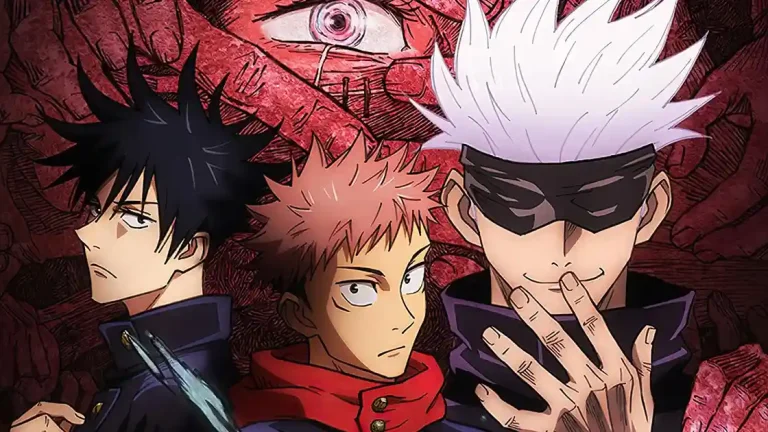 Jujutsu Kaisen 3. Sezon posteri – Gojo Satoru, Yuji Itadori ve Megumi Fushiguro Sukuna’nın lanetli gücüyle karşı karşıya.
