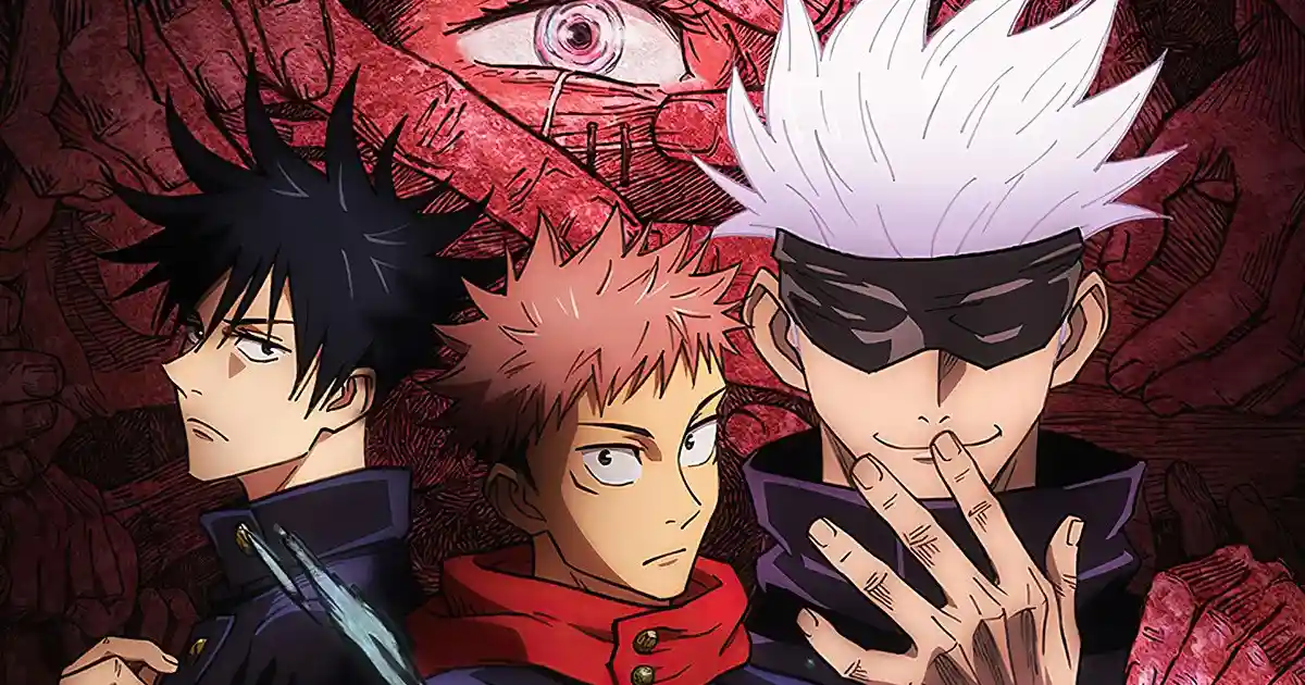 Jujutsu Kaisen 3. Sezon posteri – Gojo Satoru, Yuji Itadori ve Megumi Fushiguro Sukuna’nın lanetli gücüyle karşı karşıya.