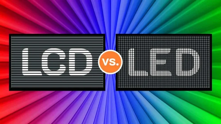 LCD ve LED ekran teknolojilerinin karşılaştırıldığı renkli bir görsel; solda LCD yazısı, sağda LED yazısı bulunuyor ve arka planda kırmızı, mor, mavi ve yeşil ışık geçişleri yer alıyor.