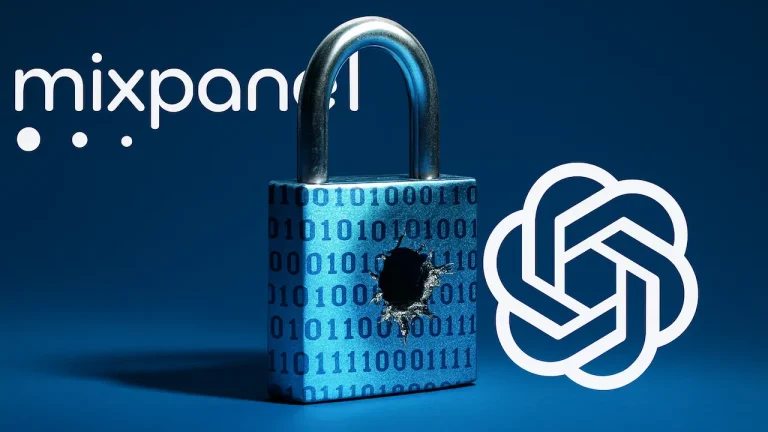 Mixpanel ve OpenAI logolarının yer aldığı mavi arka planda, üzerinde ikili kod bulunan ve ortası delik bir asma kilit ile veri ihlalini simgeleyen dijital güvenlik konsepti.