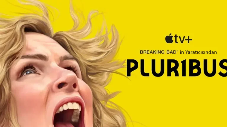 Sarı arka plan üzerinde çığlık atan bir kadının çizim tarzındaki dramatik Pluribus afişi ve Apple TV+ logosu.