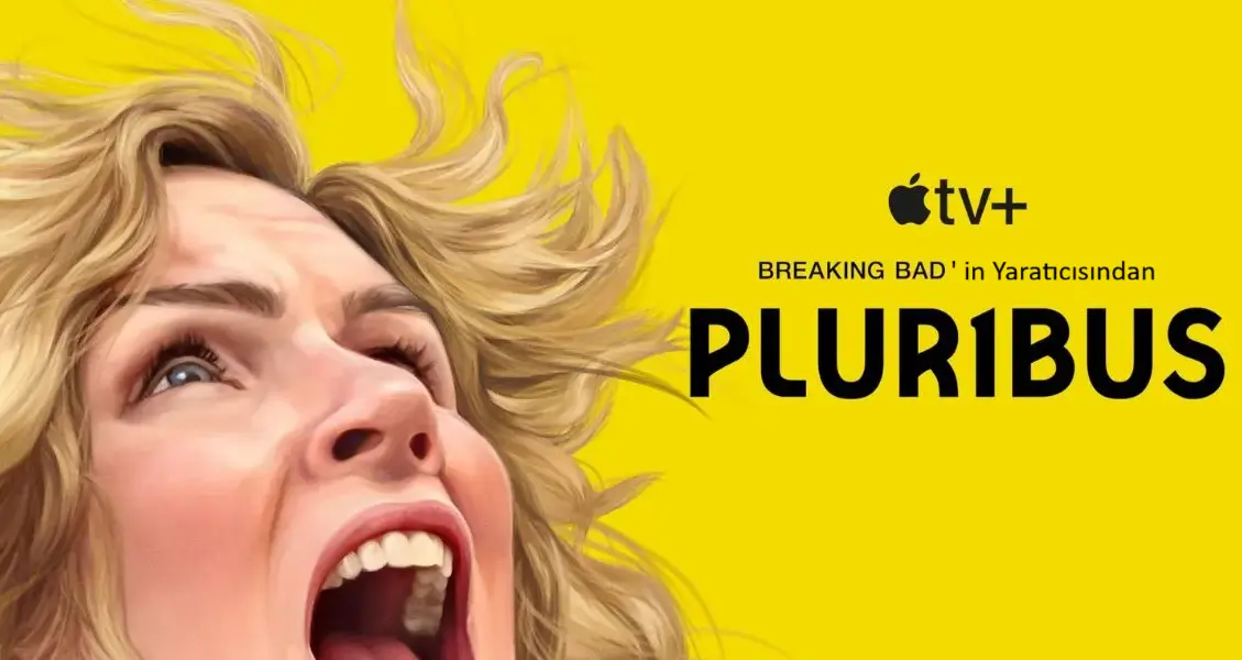 Sarı arka plan üzerinde çığlık atan bir kadının çizim tarzındaki dramatik Pluribus afişi ve Apple TV+ logosu.