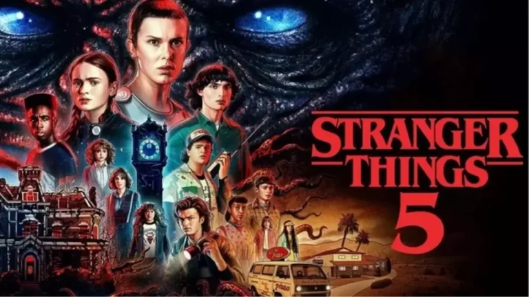 Stranger Things 5. sezon afişi; Eleven, Mike, Dustin, Lucas ve diğer karakterlerin yer aldığı, arka planda Vecna’nın gözünün göründüğü resmi tanıtım posteri.
