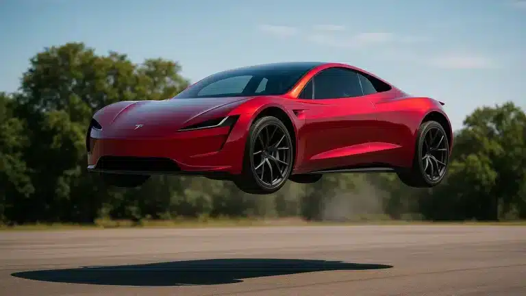 Uçan kırmızı Tesla Roadster havada süzülürken, Elon Musk’ın yıl sonu demo tanıtımına gönderme yapan futuristik elektrikli süper araba