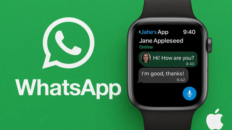 Apple Watch üzerinde açık WhatsApp sohbet ekranı, yeşil arka plan ve WhatsApp logosu ile yeni uygulama duyurusu.