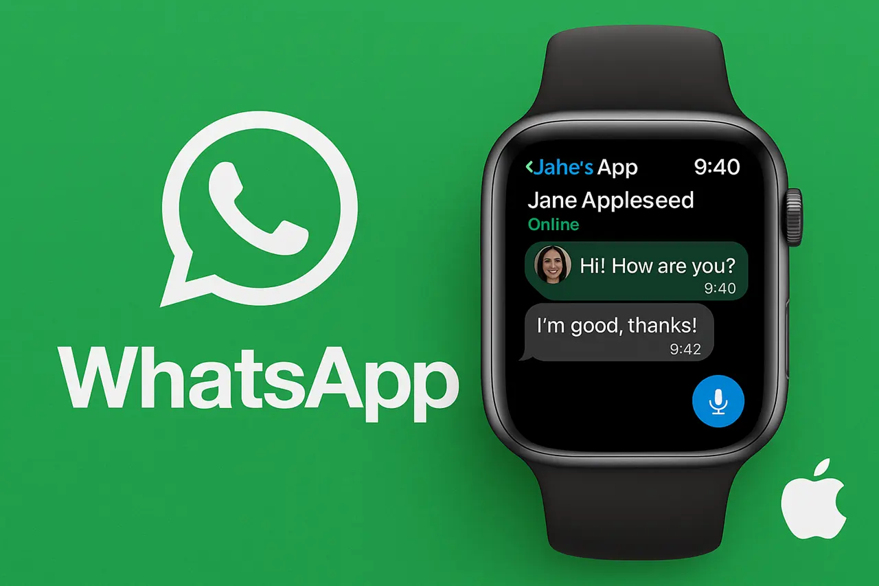 Apple Watch üzerinde açık WhatsApp sohbet ekranı, yeşil arka plan ve WhatsApp logosu ile yeni uygulama duyurusu.