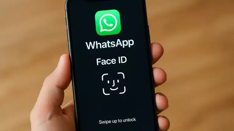 WhatsApp sohbet yedekleme güvenliği — Face ID ile uçtan uca şifreleme ekranı, akıllı telefon üzerinde WhatsApp kilit doğrulama görüntüsü.