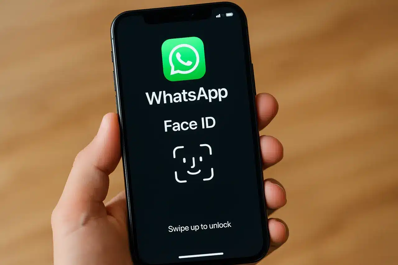 WhatsApp sohbet yedekleme güvenliği — Face ID ile uçtan uca şifreleme ekranı, akıllı telefon üzerinde WhatsApp kilit doğrulama görüntüsü.