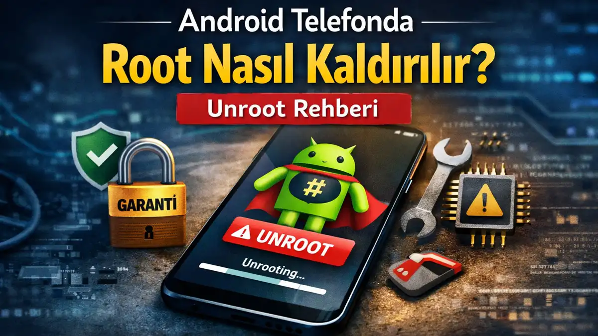 Android telefonda root kaldırma (unroot) işlemini anlatan, ekranda UNROOT yazısı bulunan Android telefon ve güvenlik simgeleri