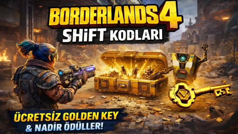 Borderlands 4’te SHiFT kodlarıyla kazanılan Golden Key ve nadir ödülleri gösteren, Vault Hunter karakteri ve Golden Chest içeren oyun içi sahne