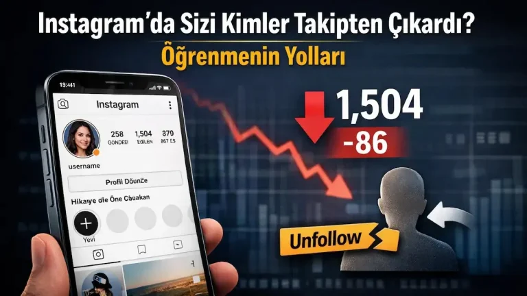 Instagram’da unfollow edenleri görme yollarını anlatan, takipçi sayısı düşüşünü gösteren görsel